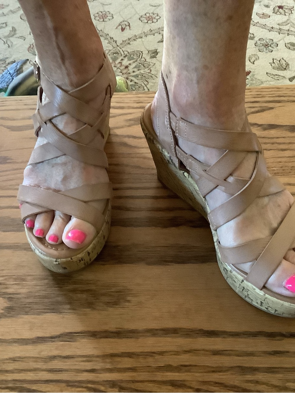 Self Esteem Tan Strappy Wedge Sandals with Cork Platform